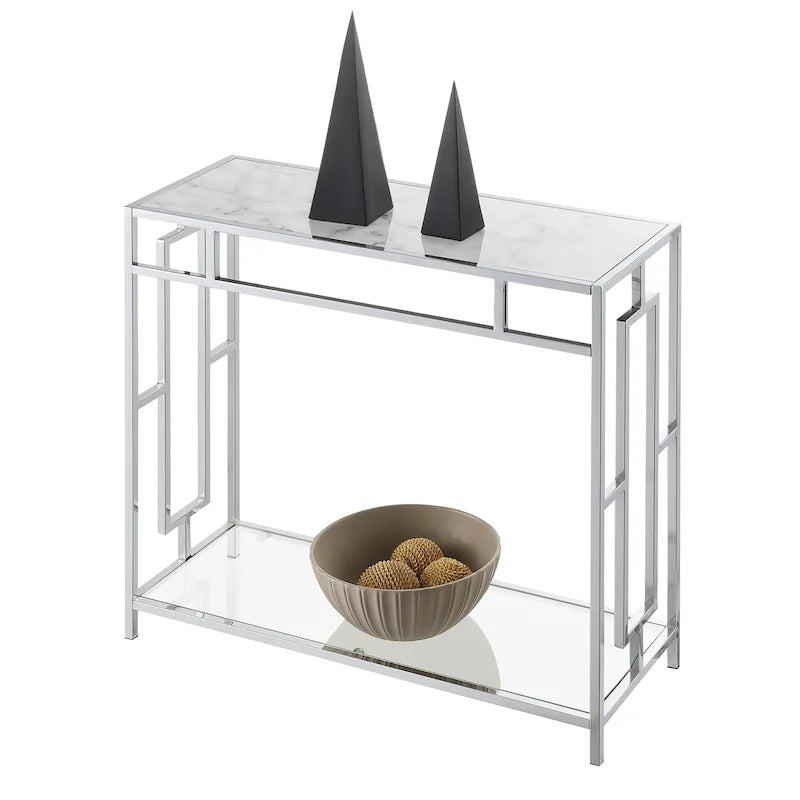 Console de couloir en verre et faux marbre chromé avec étagère