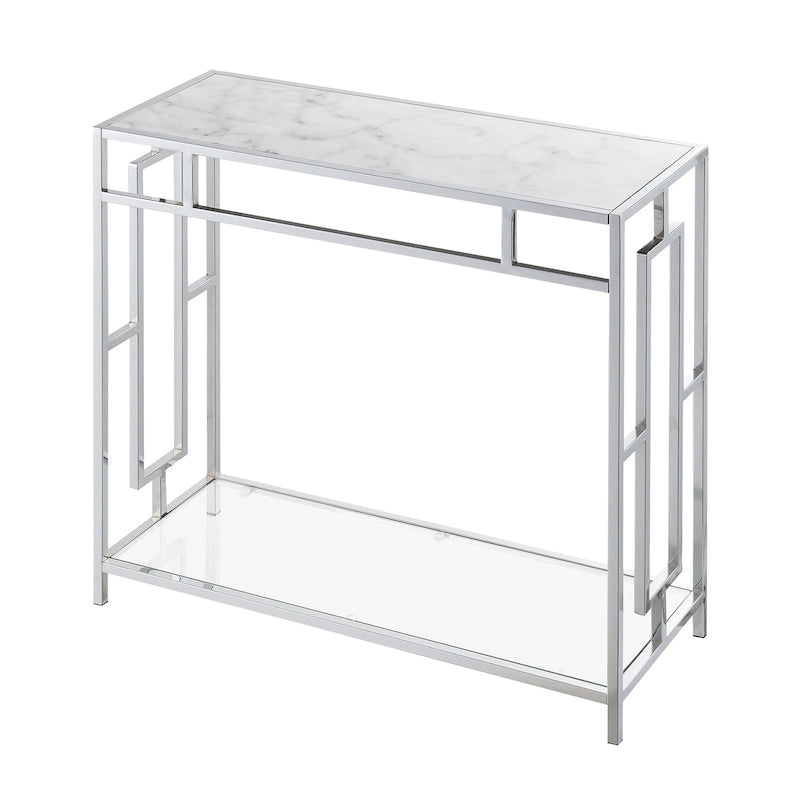 Console de couloir en verre et faux marbre chromé avec étagère