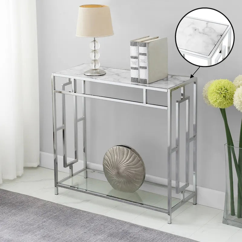 Console de couloir en verre et faux marbre chromé avec étagère