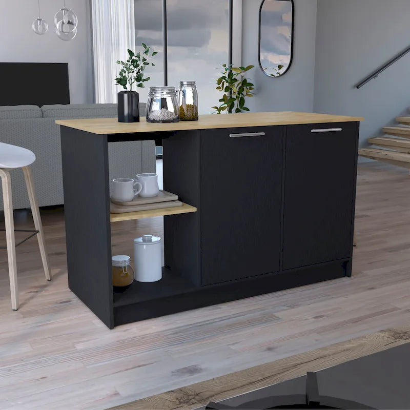 Îlot de cuisine avec grande surface supérieure, placard à double porte et étagères ouvertes