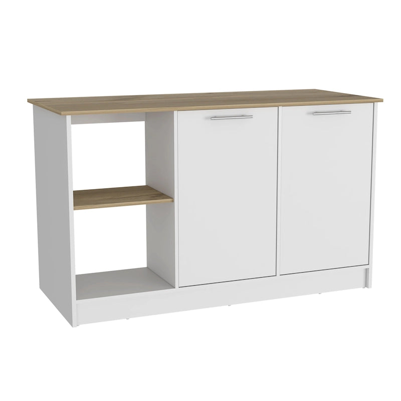 Îlot de cuisine avec grande surface supérieure, placard à double porte et étagères ouvertes