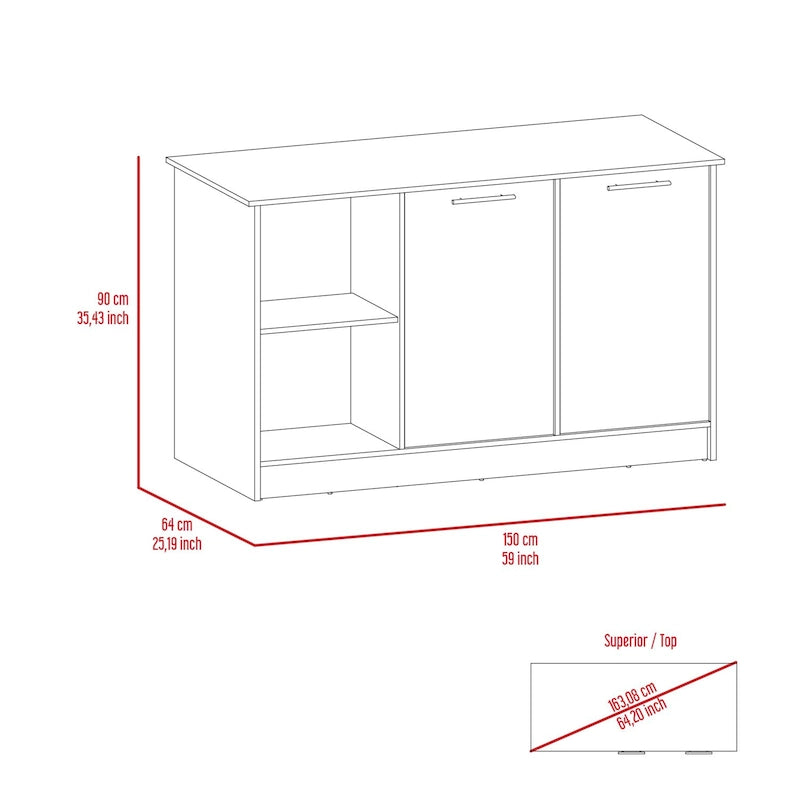 Îlot de cuisine avec grande surface supérieure, placard à double porte et étagères ouvertes