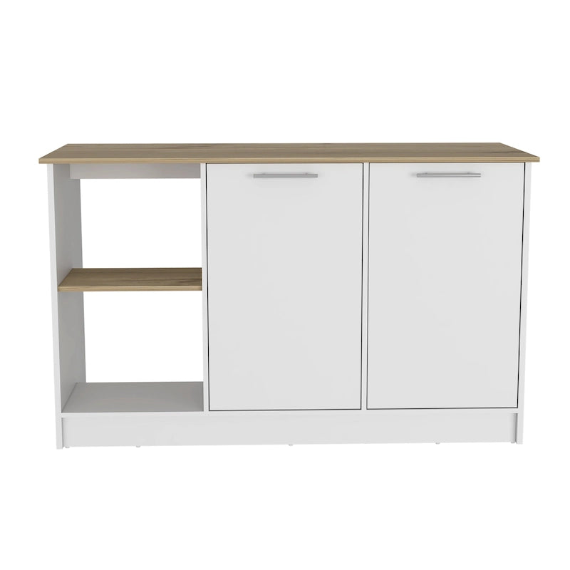 Îlot de cuisine avec grande surface supérieure, placard à double porte et étagères ouvertes