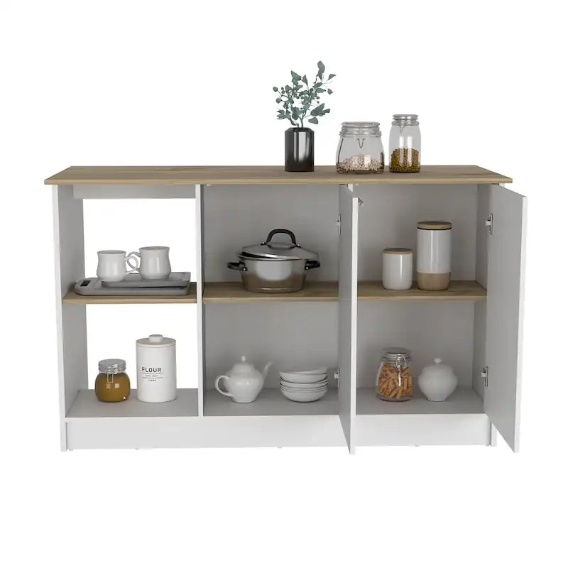 Îlot de cuisine avec grande surface supérieure, placard à double porte et étagères ouvertes