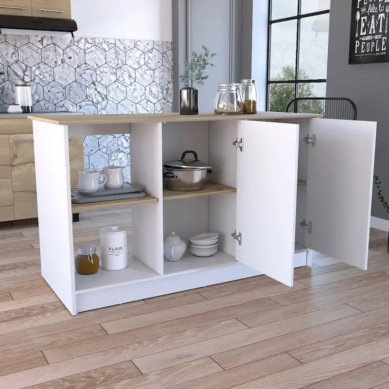 Îlot de cuisine avec grande surface supérieure, placard à double porte et étagères ouvertes