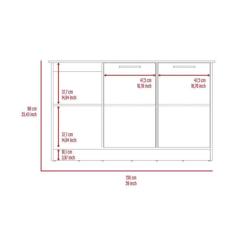 Îlot de cuisine avec grande surface supérieure, placard à double porte et étagères ouvertes