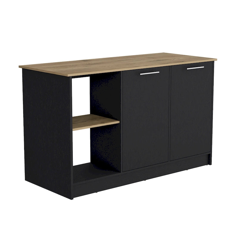 Îlot de cuisine avec grande surface supérieure, placard à double porte et étagères ouvertes