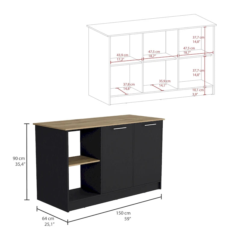 Îlot de cuisine avec grande surface supérieure, placard à double porte et étagères ouvertes