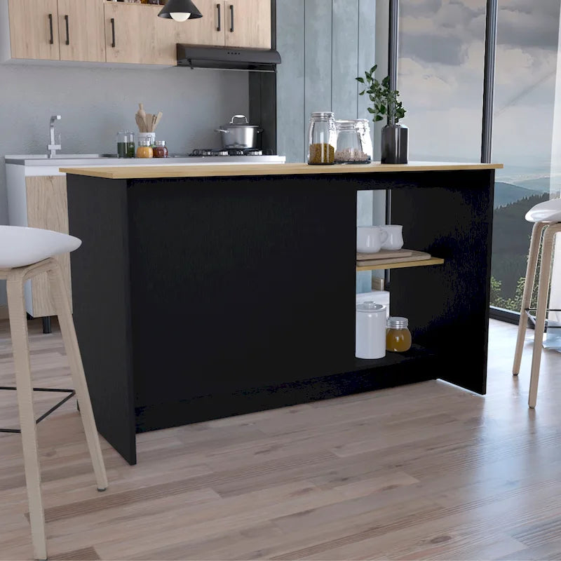 Îlot de cuisine avec grande surface supérieure, placard à double porte et étagères ouvertes