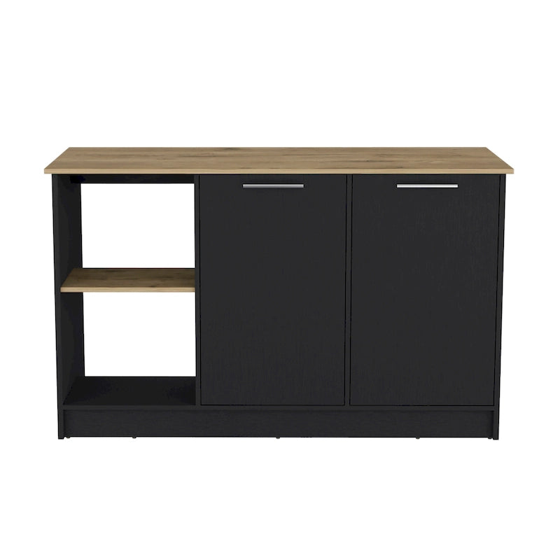 Îlot de cuisine avec grande surface supérieure, placard à double porte et étagères ouvertes
