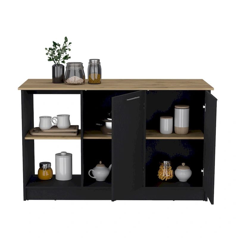 Îlot de cuisine avec grande surface supérieure, placard à double porte et étagères ouvertes