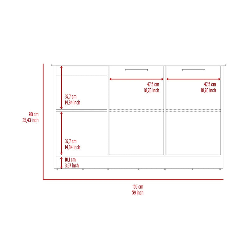 Îlot de cuisine avec grande surface supérieure, placard à double porte et étagères ouvertes