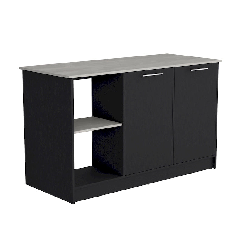 Îlot de cuisine avec grande surface supérieure, placard à double porte et étagères ouvertes