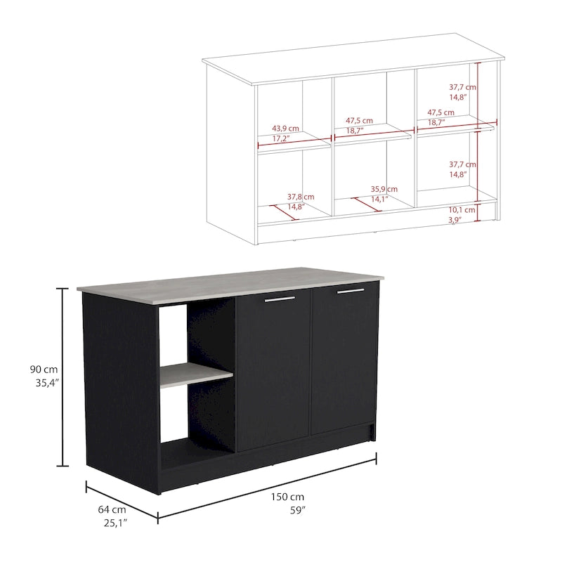 Îlot de cuisine avec grande surface supérieure, placard à double porte et étagères ouvertes
