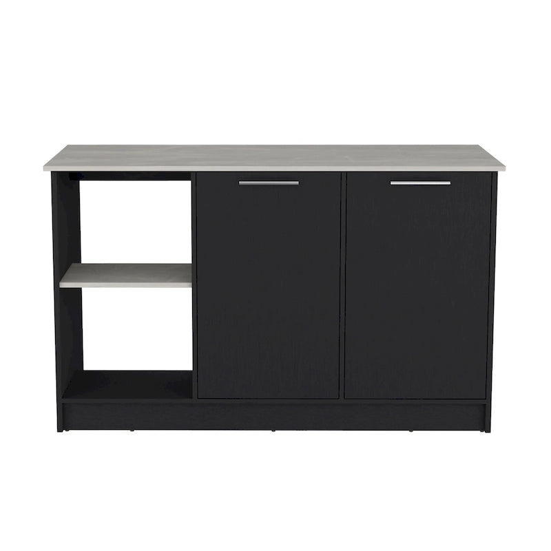 Îlot de cuisine avec grande surface supérieure, placard à double porte et étagères ouvertes