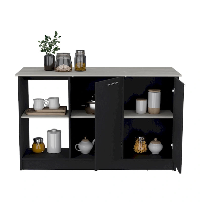 Îlot de cuisine avec grande surface supérieure, placard à double porte et étagères ouvertes