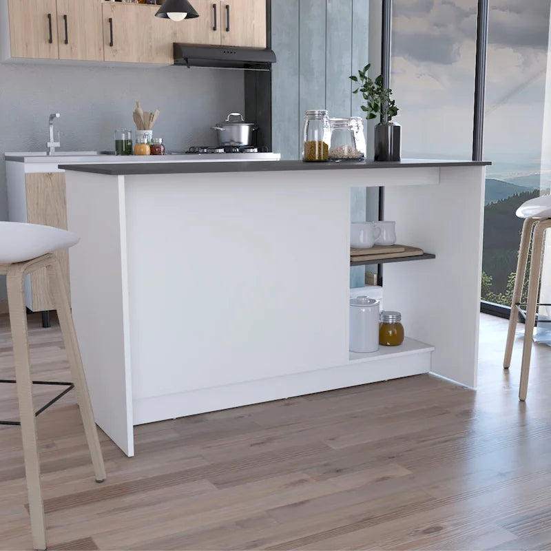 Îlot de cuisine avec grande surface supérieure, placard à double porte et étagères ouvertes
