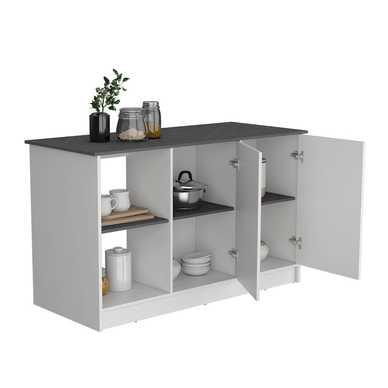Îlot de cuisine avec grande surface supérieure, placard à double porte et étagères ouvertes