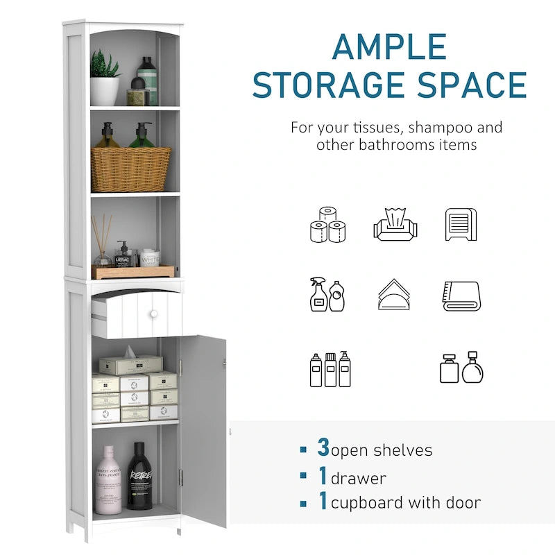 Meuble de rangement haut de salle de bain de 170 cm, colonne de rangement autoportante avec étagère à 3 niveaux, organiseur de sol latéral étroit, blanc