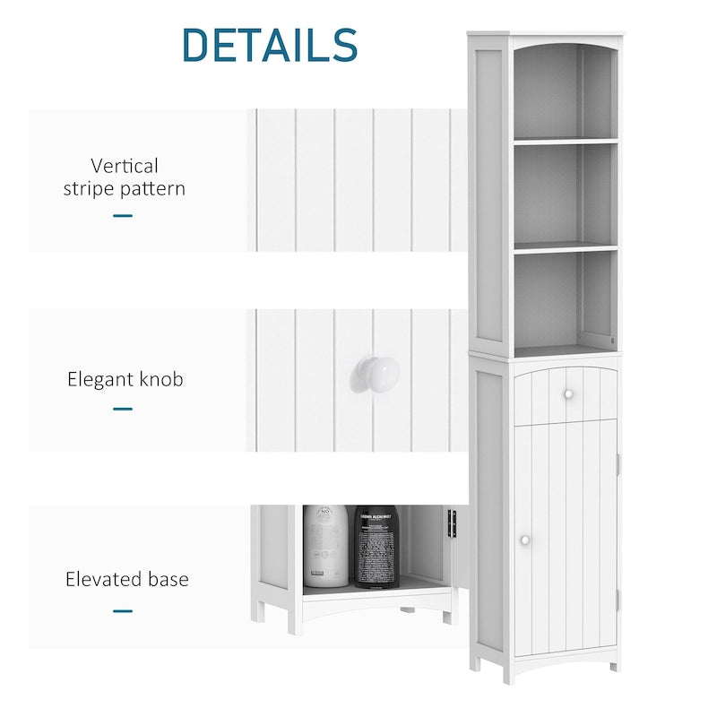 Meuble de rangement haut de salle de bain de 170 cm, colonne de rangement autoportante avec étagère à 3 niveaux, organiseur de sol latéral étroit, blanc