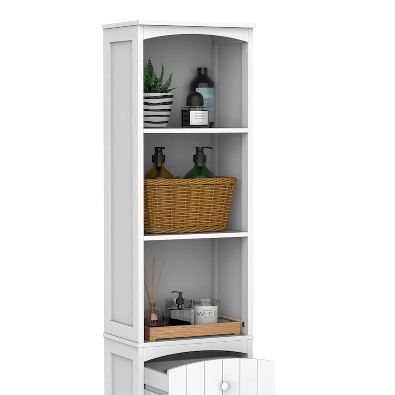 Meuble de rangement haut de salle de bain de 170 cm, colonne de rangement autoportante avec étagère à 3 niveaux, organiseur de sol latéral étroit, blanc