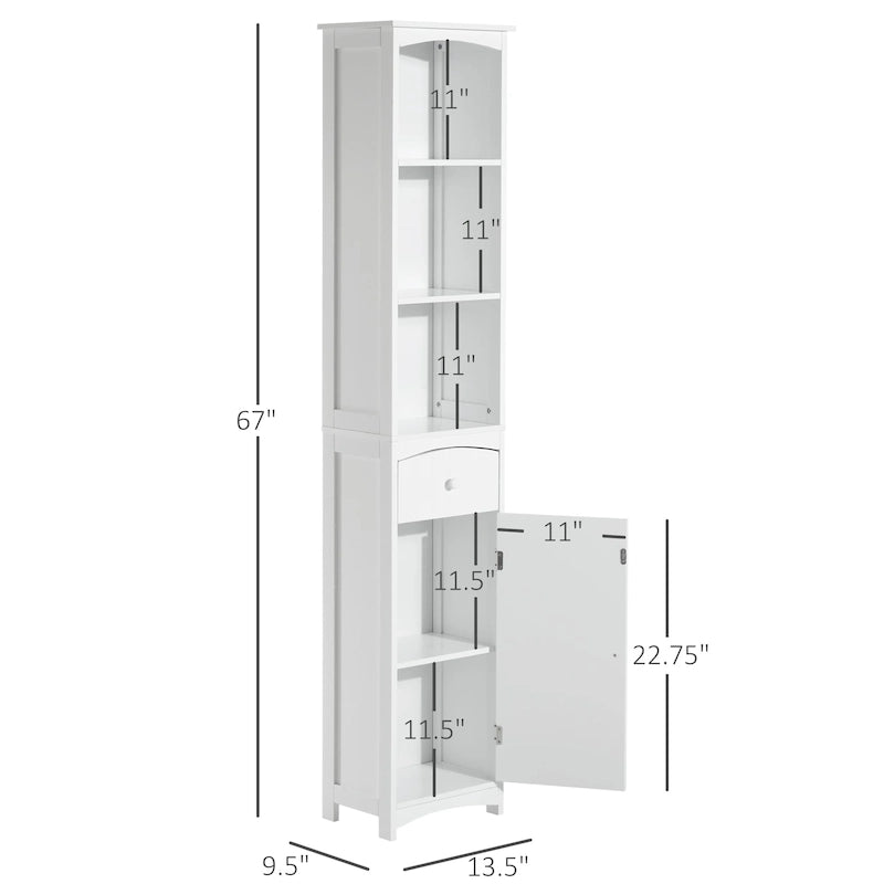 Meuble de rangement haut de salle de bain de 170 cm, colonne de rangement autoportante avec étagère à 3 niveaux, organiseur de sol latéral étroit, blanc