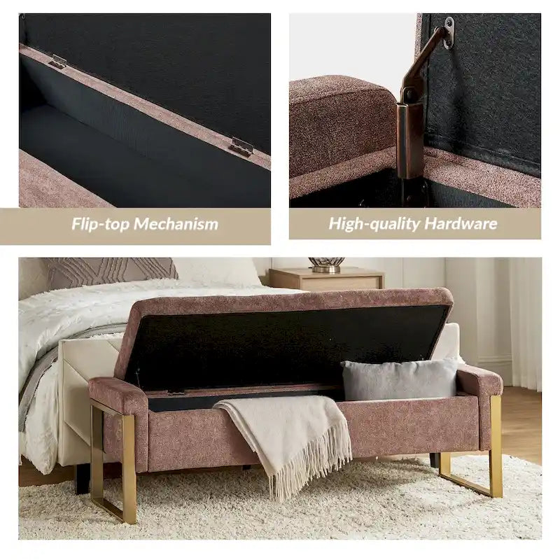 Banc de rangement capitonné moderne avec pieds en métal par