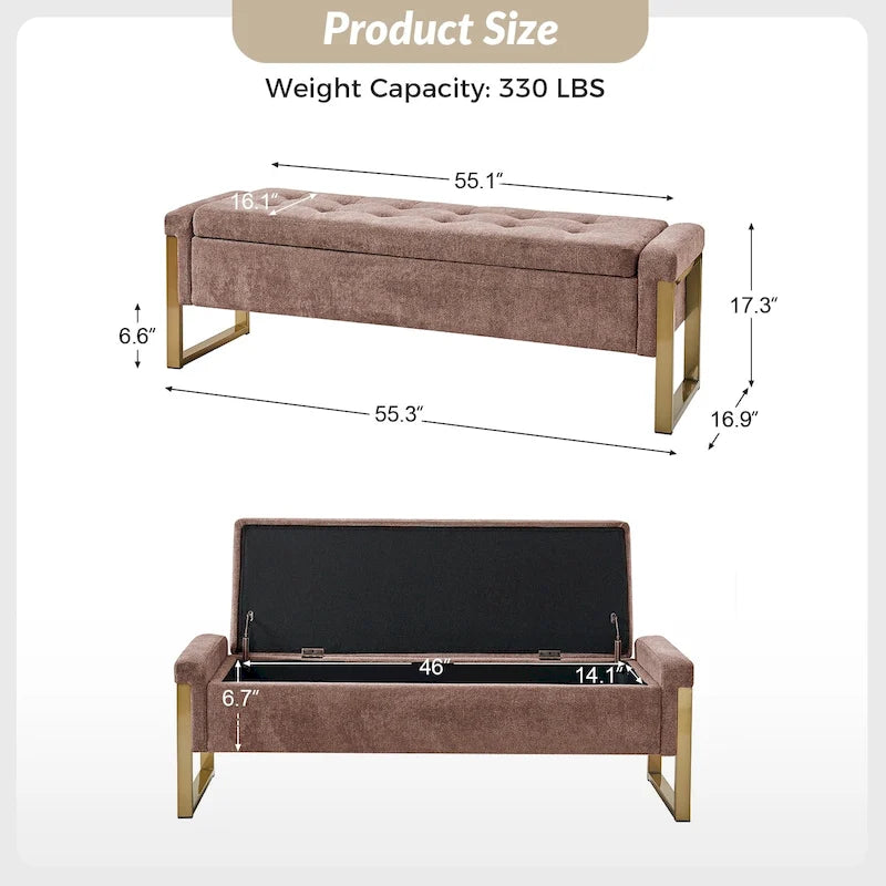 Banc de rangement capitonné moderne avec pieds en métal par