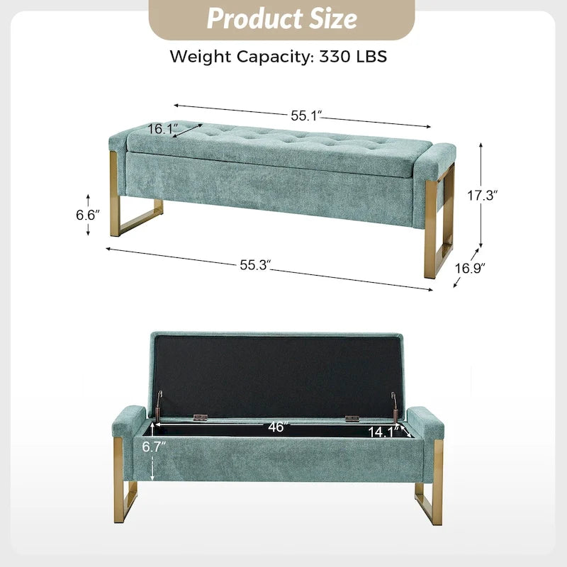 Banc de rangement capitonné moderne avec pieds en métal par