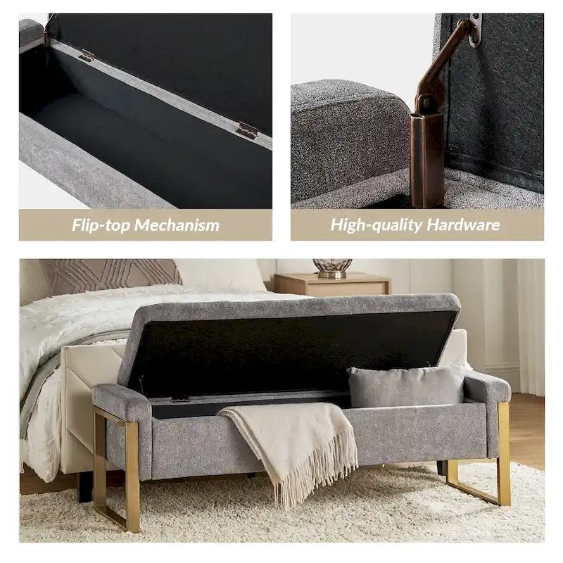 Banc de rangement capitonné moderne avec pieds en métal par