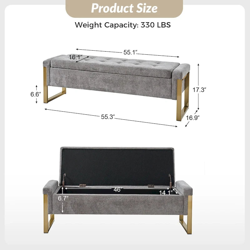 Banc de rangement capitonné moderne avec pieds en métal par
