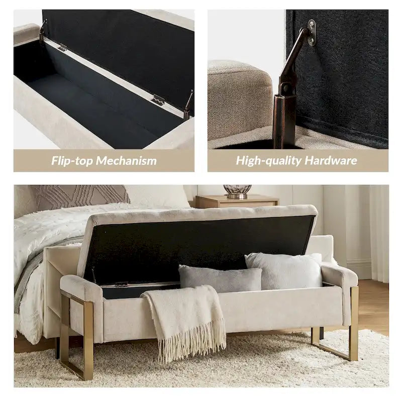 Banc de rangement capitonné moderne avec pieds en métal par