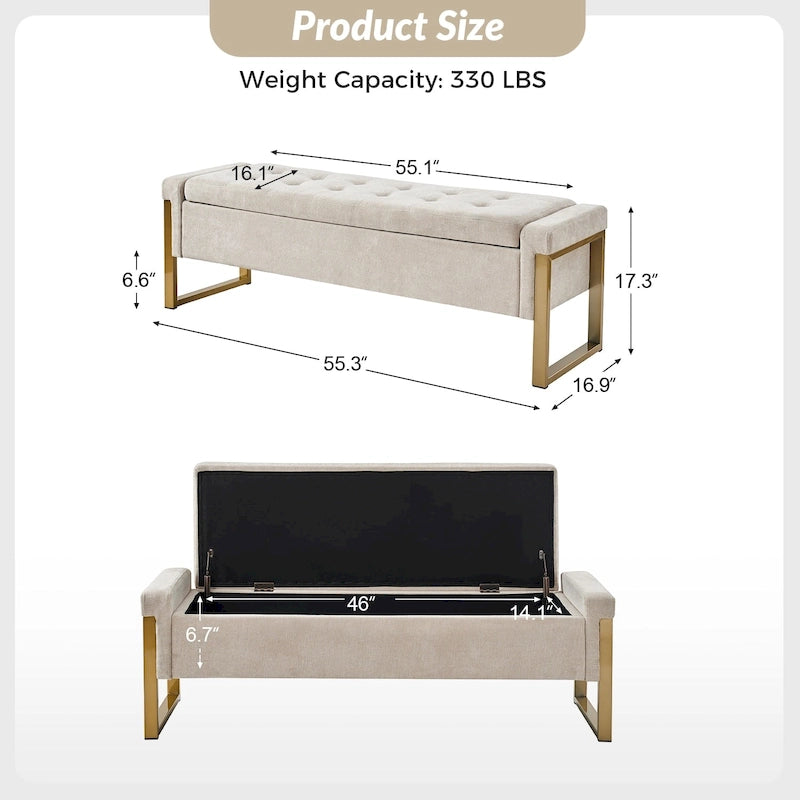 Banc de rangement capitonné moderne avec pieds en métal par